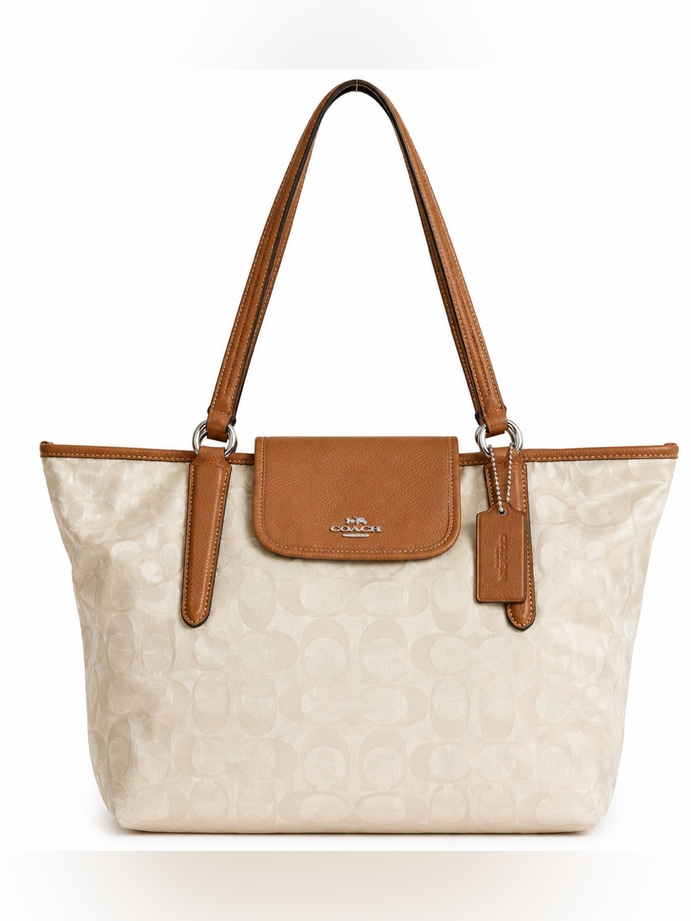 Coach 33475 Ward Signature Bisquit Tote Bag with Leather Handles Signature Nylo